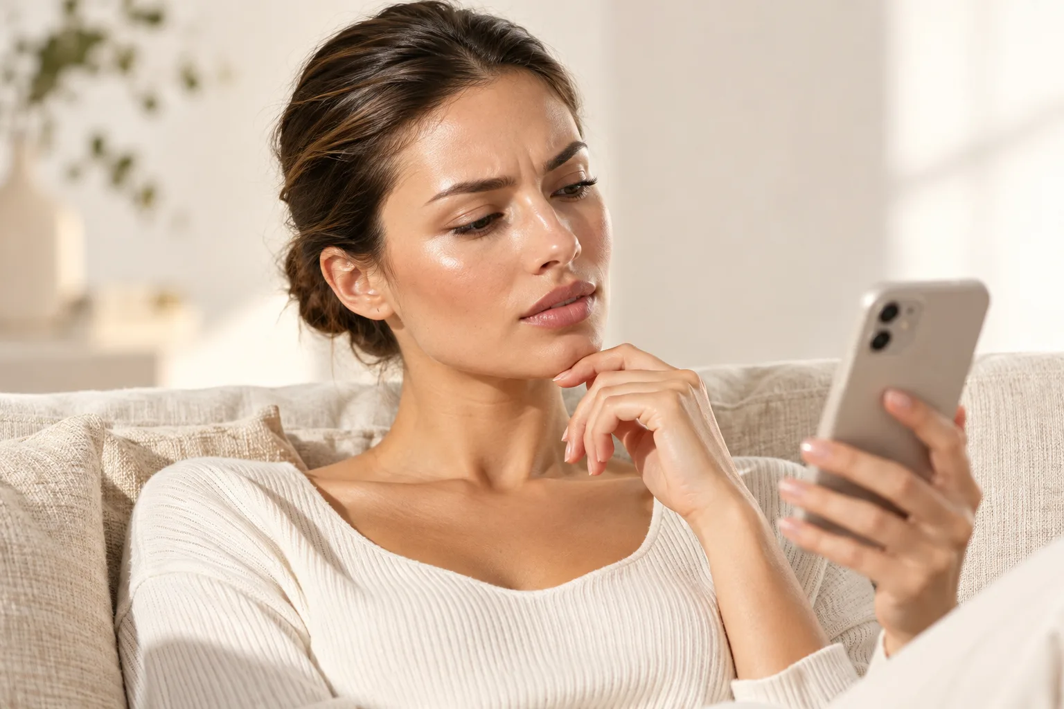 Frau scrollt nachdenklich durch Social Media auf dem Smartphone