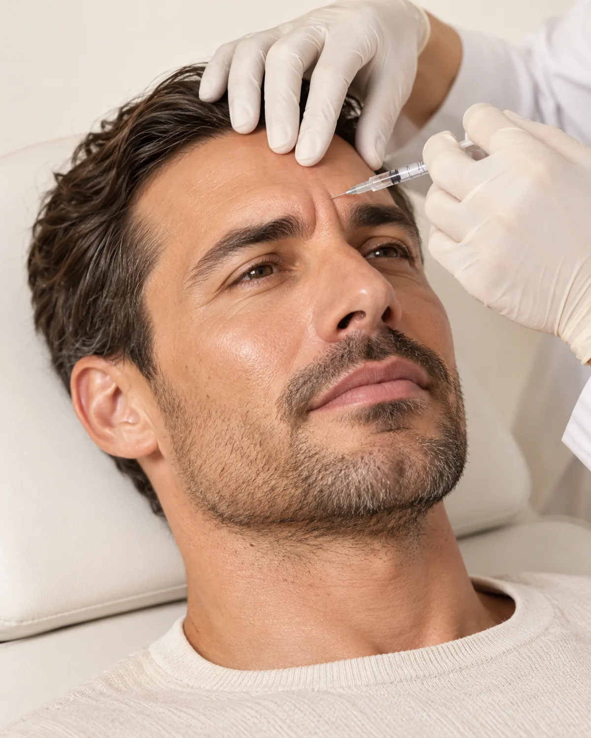 Mann bei einer Botox-Behandlung an der Zornesfalte