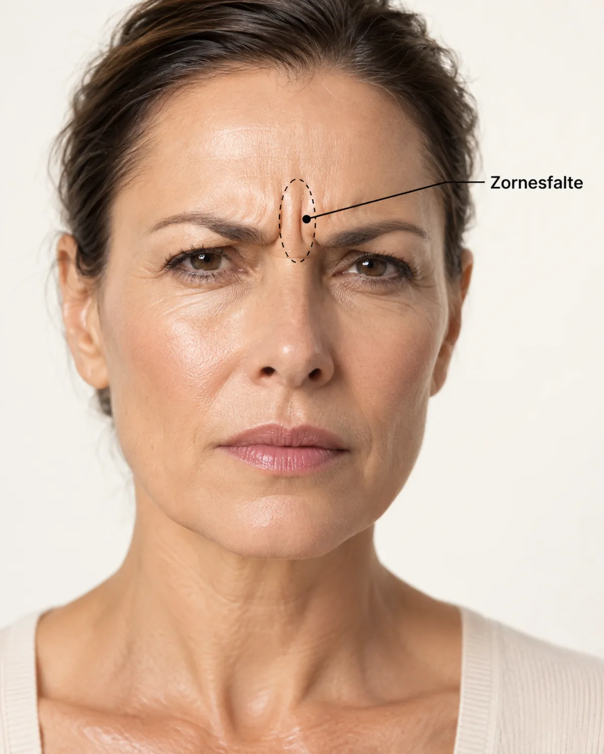 Deutliche Zornesfalte einer Frau um 52