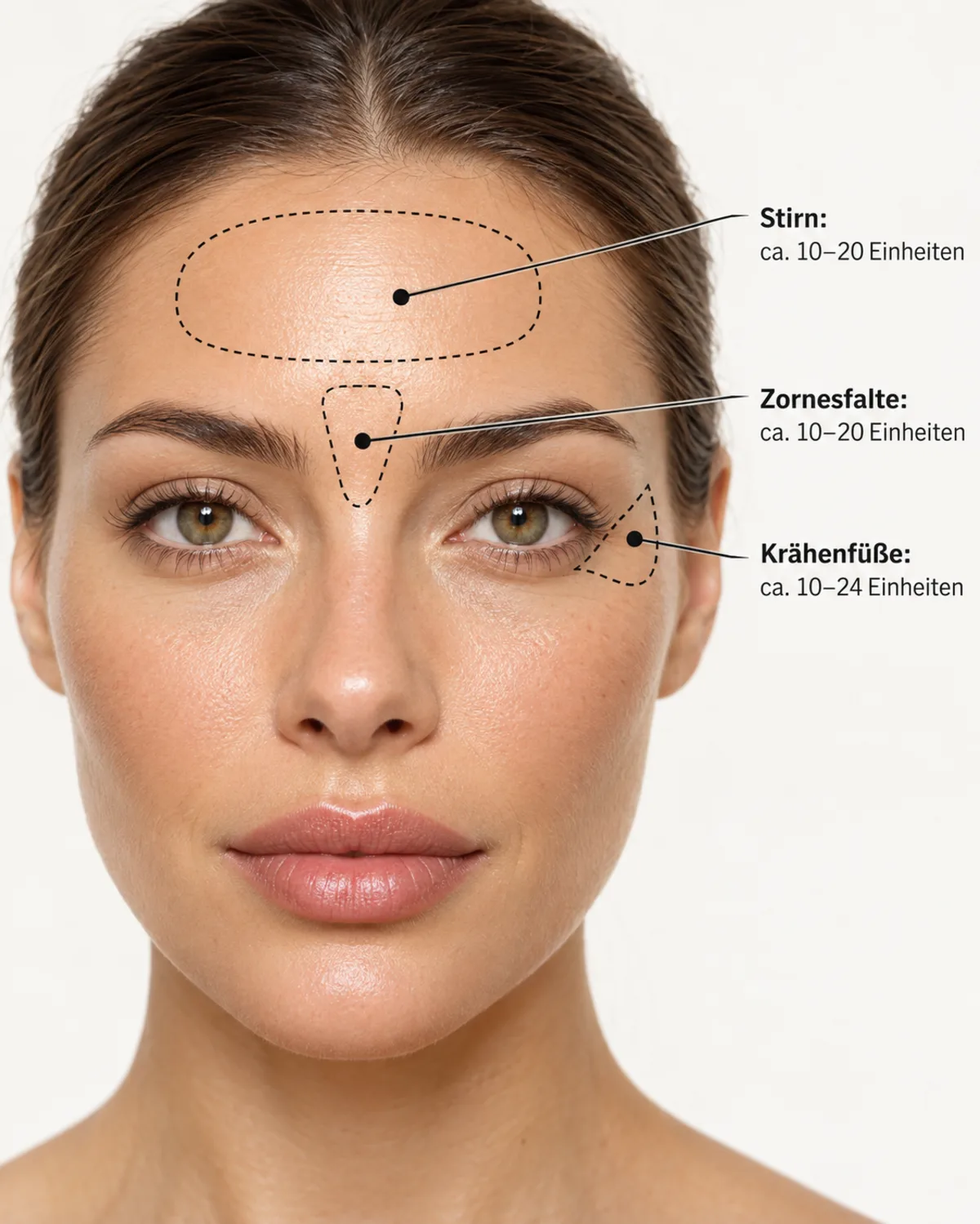 Gesicht mit Botox-Zonen und typischen Einheiten: Stirn und Zornesfalte je ca. 10–20, Krähenfüße ca. 10–24 Einheiten
