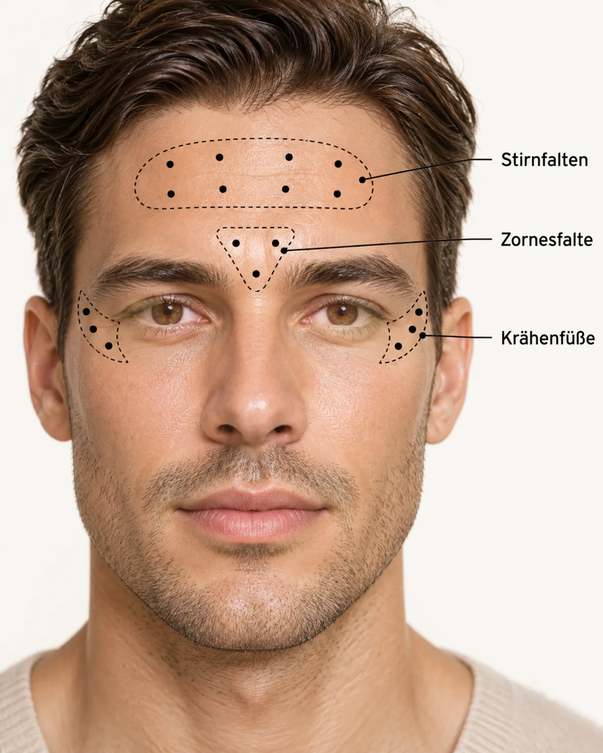 die drei klassischen Botox-Zonen – Stirnfalten, Zornesfalte und Krähenfüße – mit typischen Injektionspunkten