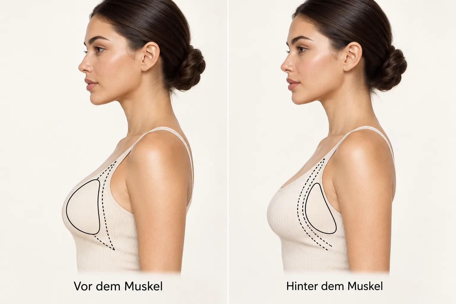 Schema: Implantatlage vor und hinter dem Brustmuskel