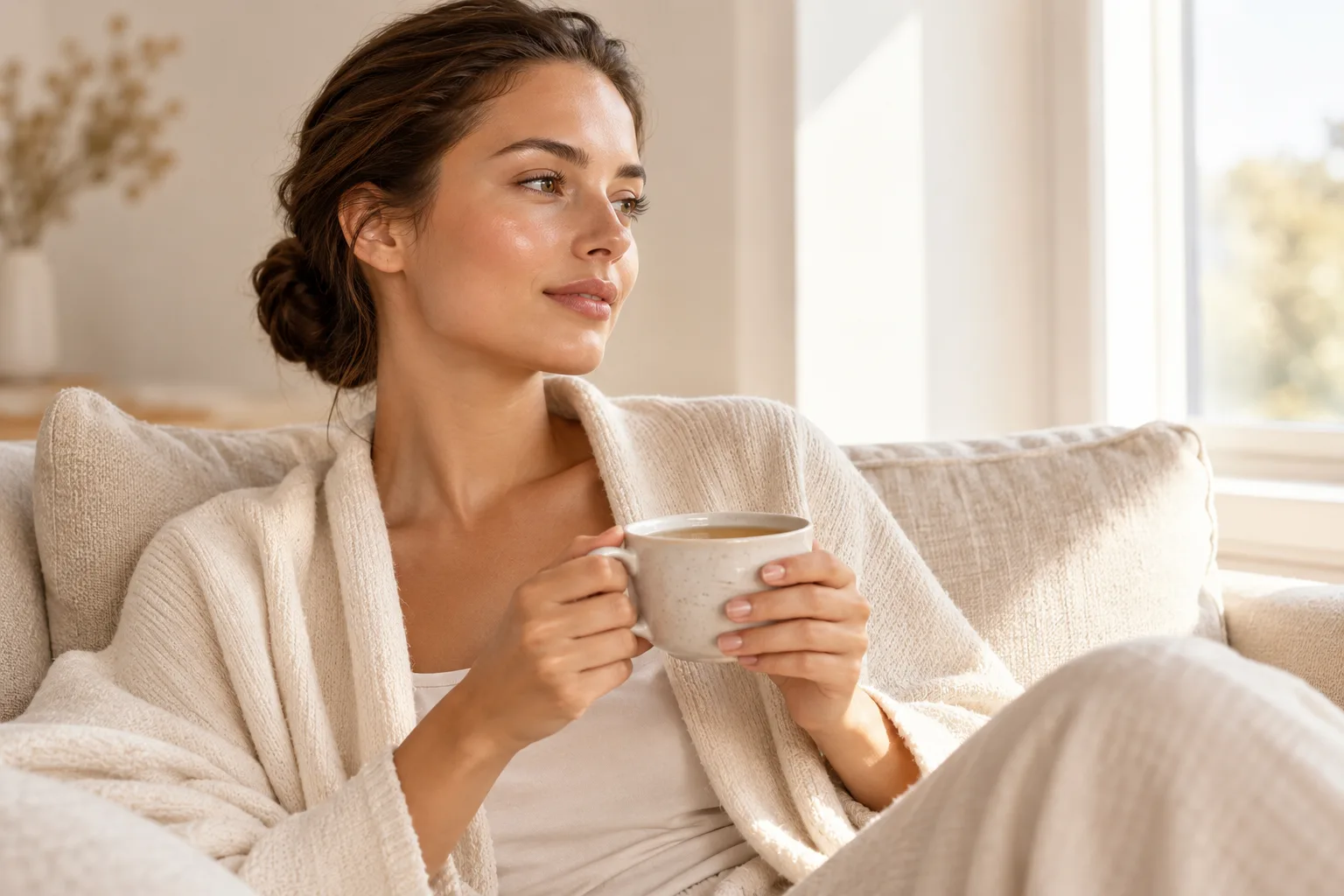 Frau erholt sich zu Hause auf dem Sofa mit einer Tasse Tee