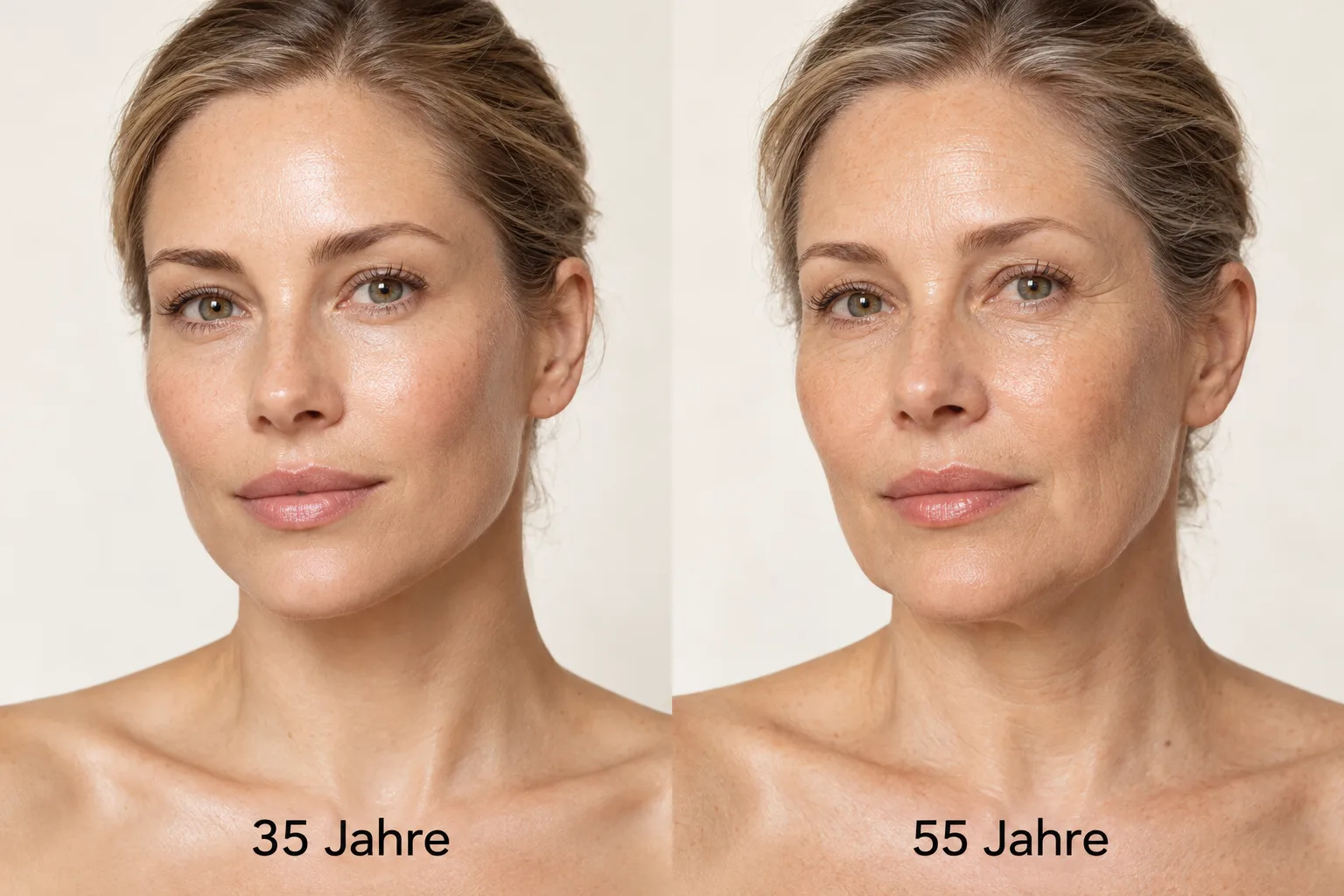 Dieselbe Frau mit 35 und 55 – natürliche Alterung des Gesichts