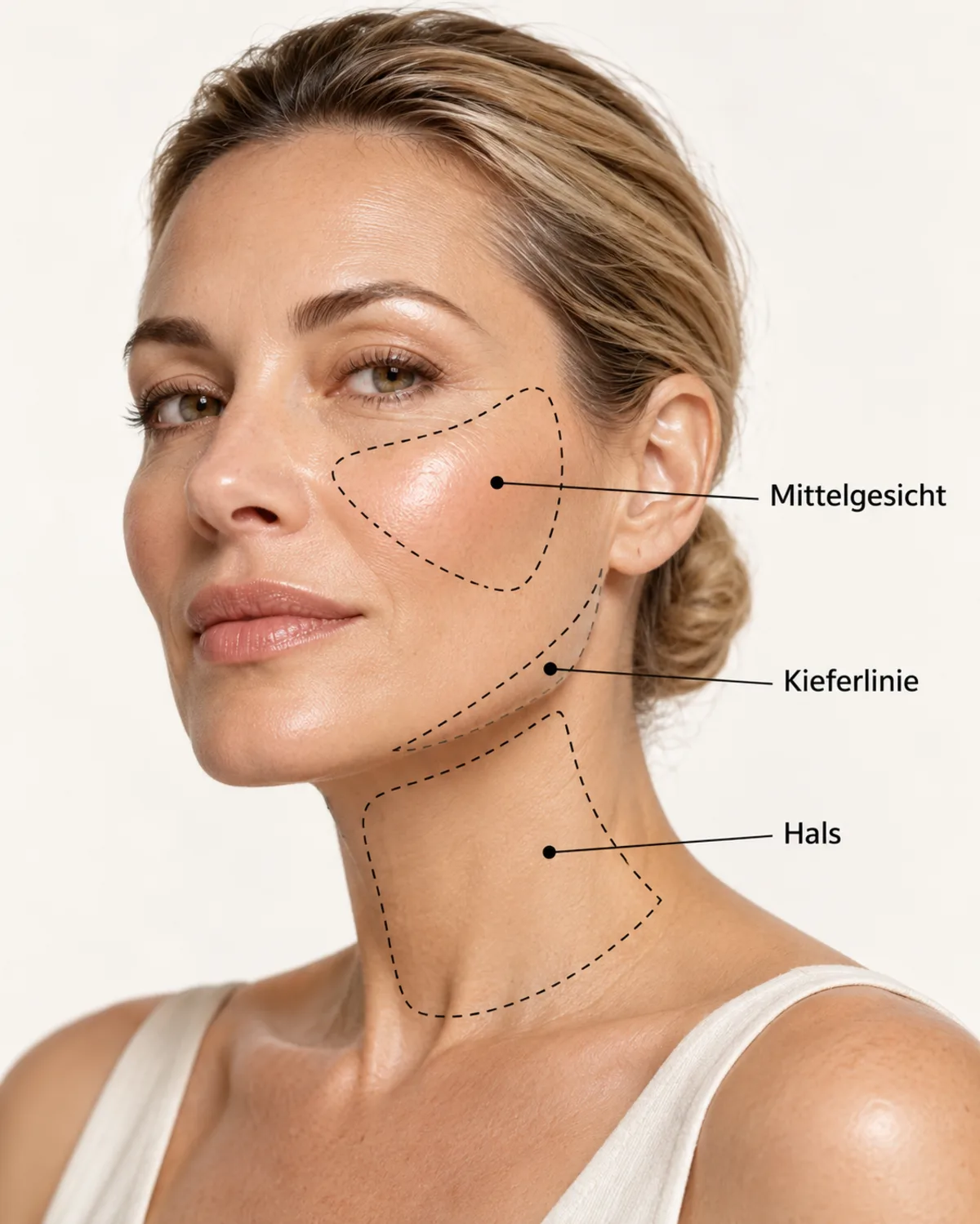 Gesicht mit markierten Facelift-Bereichen Mittelgesicht, Kieferlinie und Hals