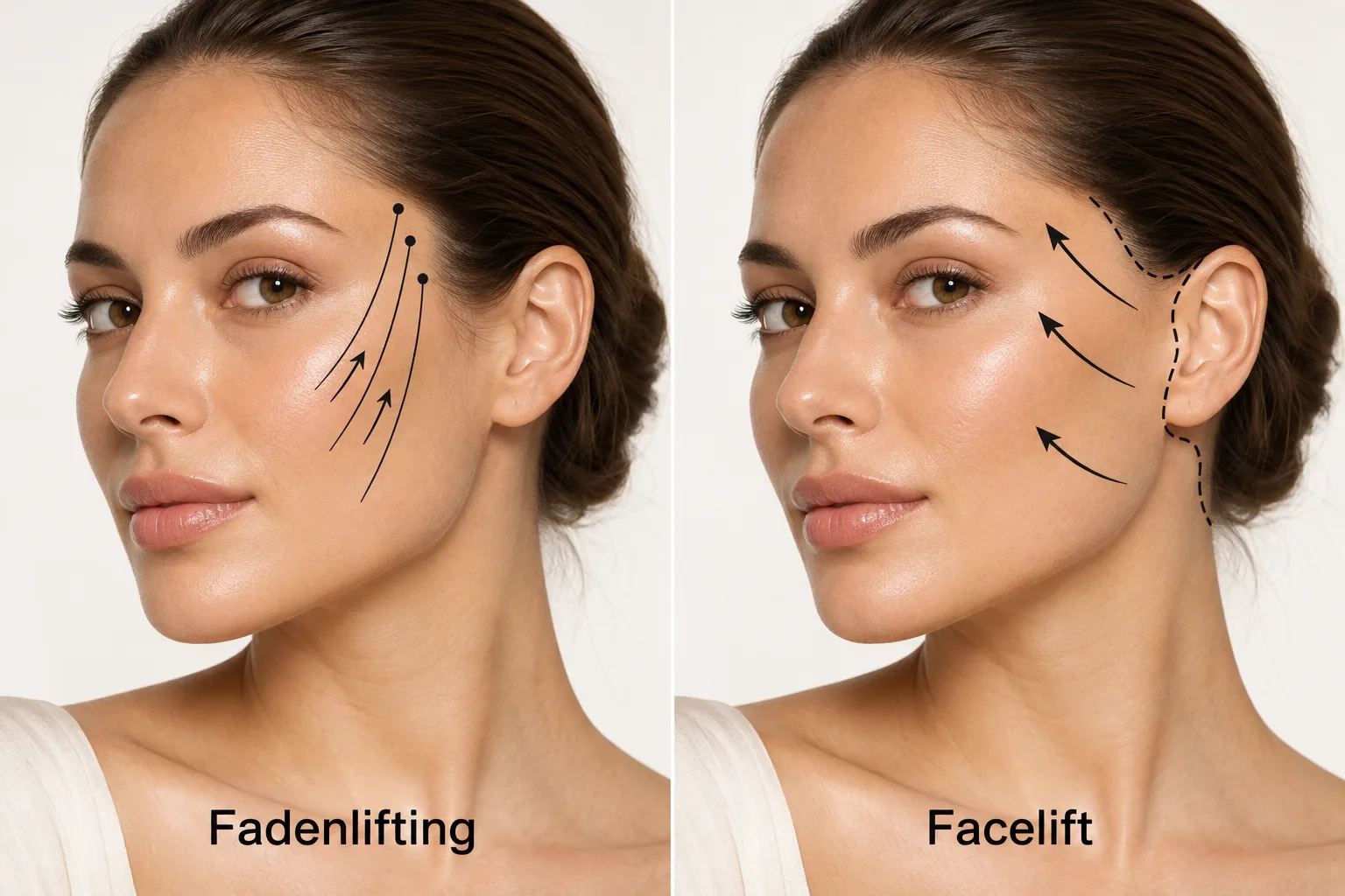 Vergleich der Zugrichtungen: Fäden beim Fadenlifting und Gewebestraffung beim Facelift