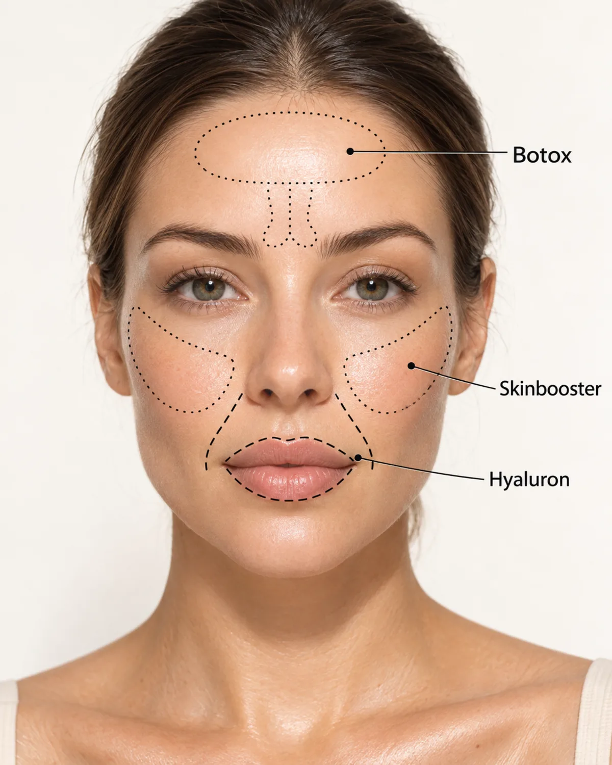 Gesicht mit markierten Zonen für Botox, Hyaluron und Skinbooster