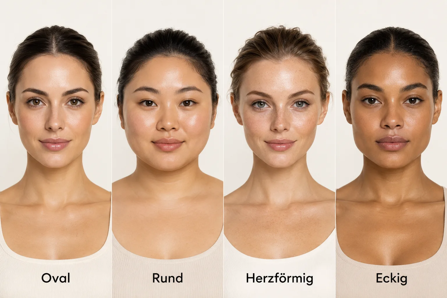 Gesichtsformen im Vergleich: Oval, Rund, Herzförmig, Eckig – natürliche Varianten bei verschiedenen Personen