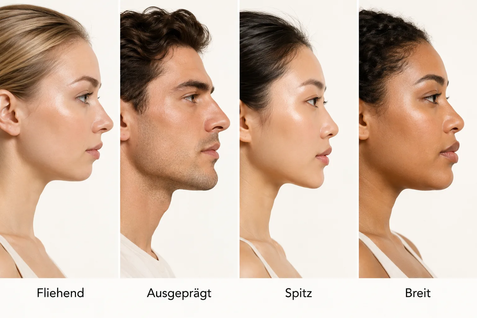 Kinnformen im Profil: Fliehend, Ausgeprägt, Spitz, Breit – natürliche Varianten bei verschiedenen Personen