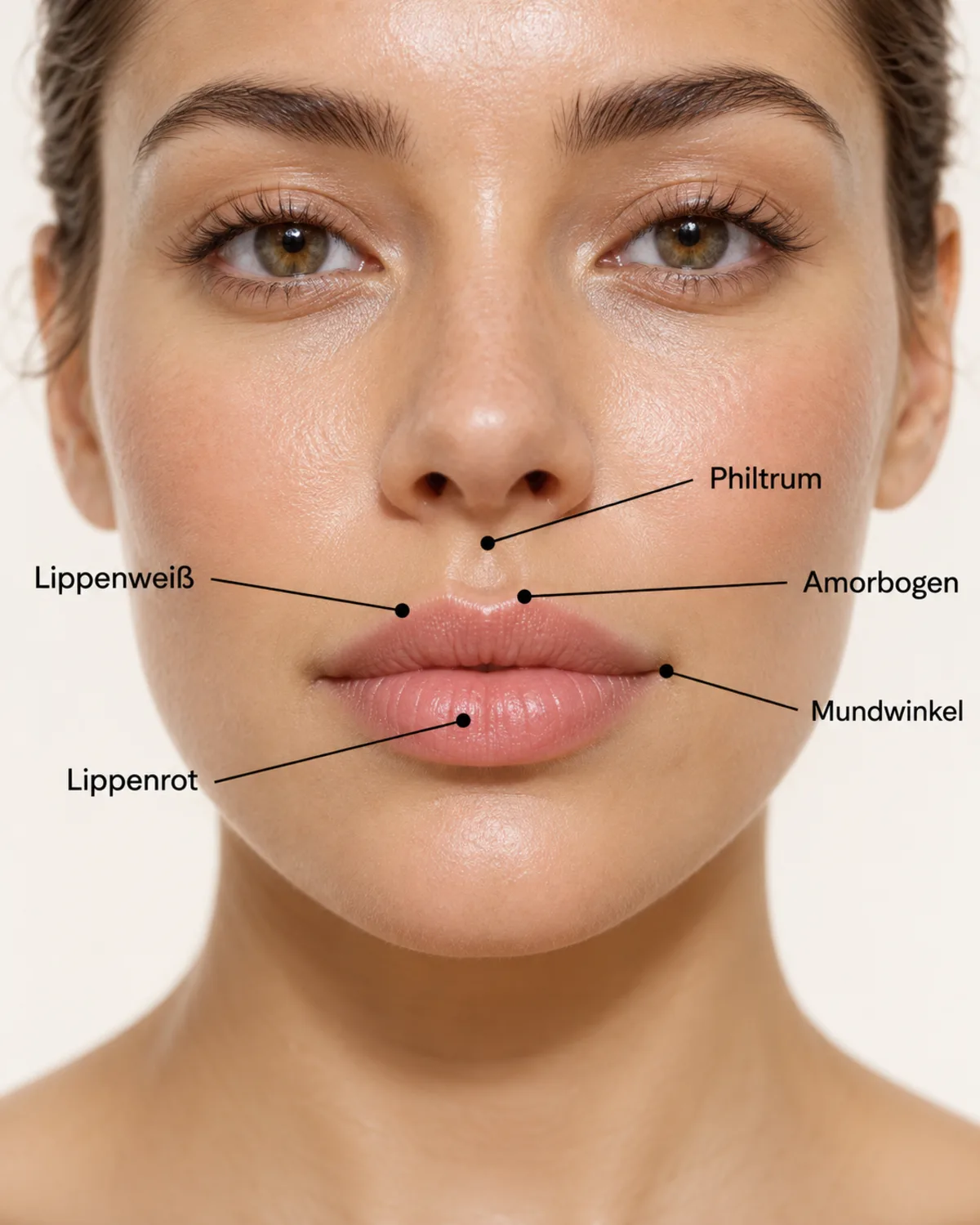 Lippen mit beschrifteten Bereichen Amorbogen, Philtrum, Lippenrot, Lippenweiß und Mundwinkel