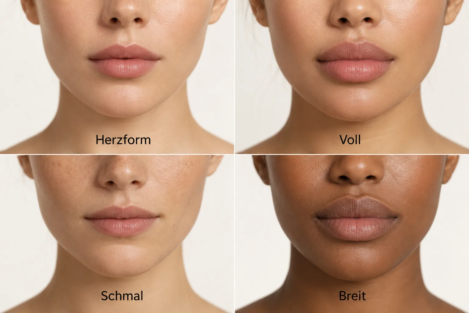 Vier natürliche Lippenformen: Herzform, voll, schmal und breit