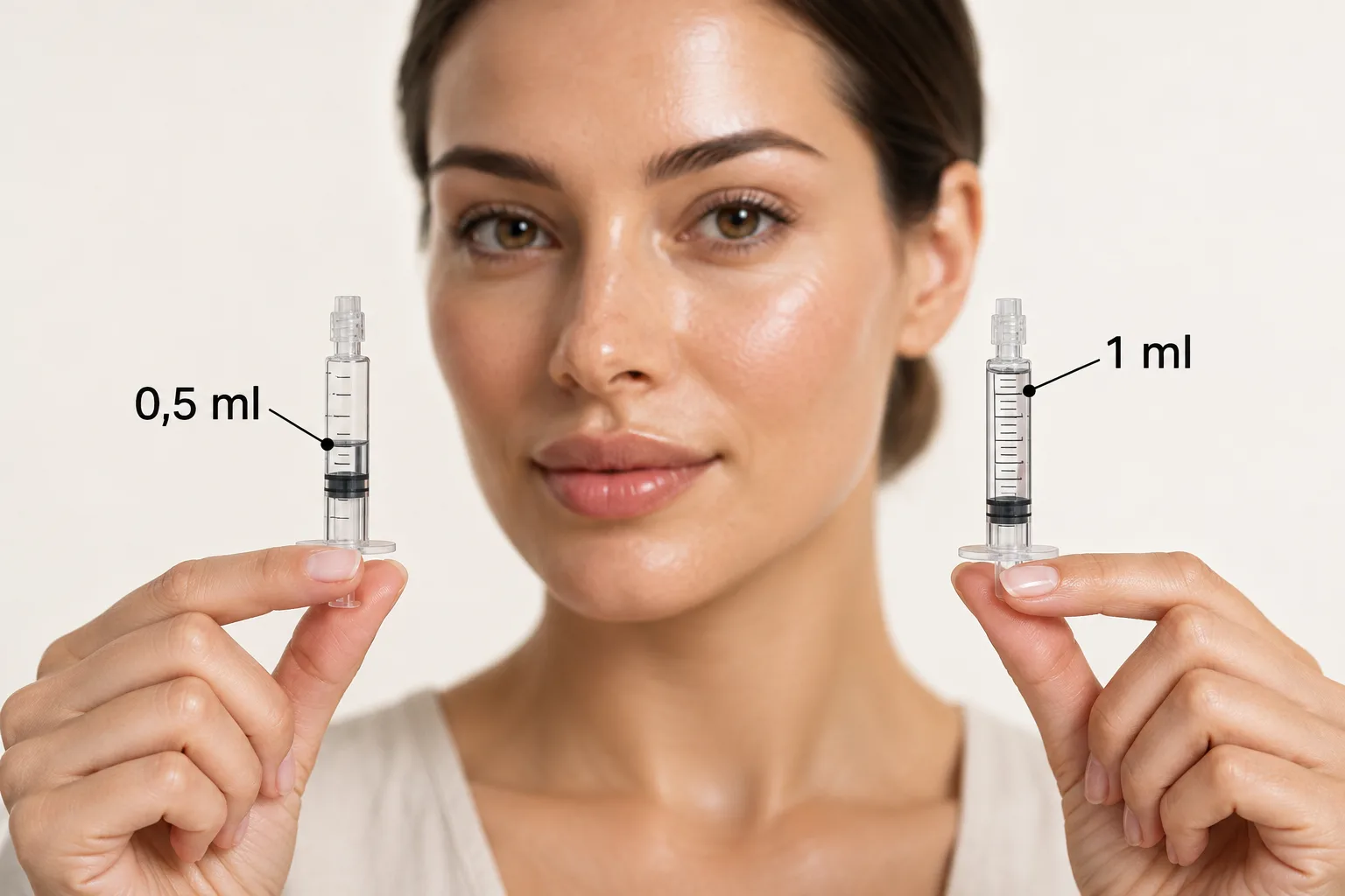 Zwei Spritzen ohne Nadel, eine mit 0,5 ml und eine mit 1 ml Hyaluron gefüllt