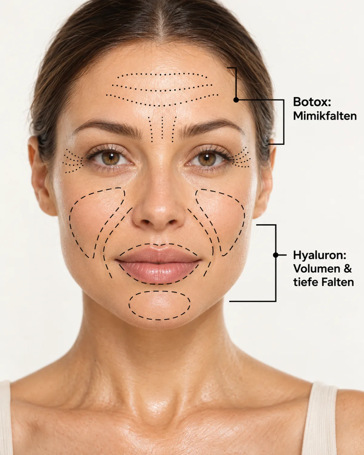 Gesicht mit markierten Zonen: Botox für Mimikfalten oben, Hyaluron für Volumen und tiefe Falten in Mittel- und Untergesicht
