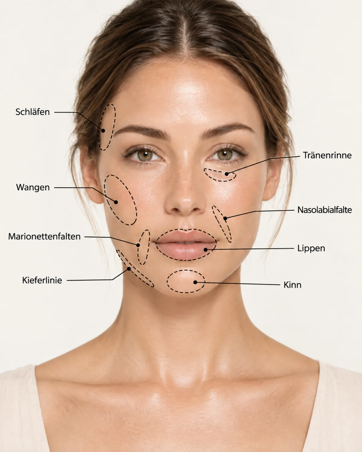 Gesicht mit markierten Hyaluron-Zonen – Schläfen, Tränenrinne, Wangen, Nasolabialfalte, Lippen, Marionettenfalten, Kinn und Kieferlinie