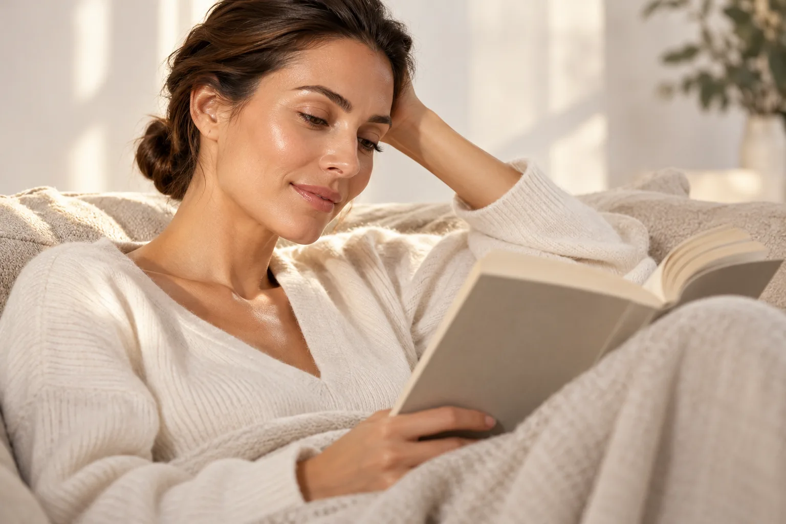 Frau erholt sich nach einer Labioplastik entspannt mit Decke und Buch auf dem Sofa