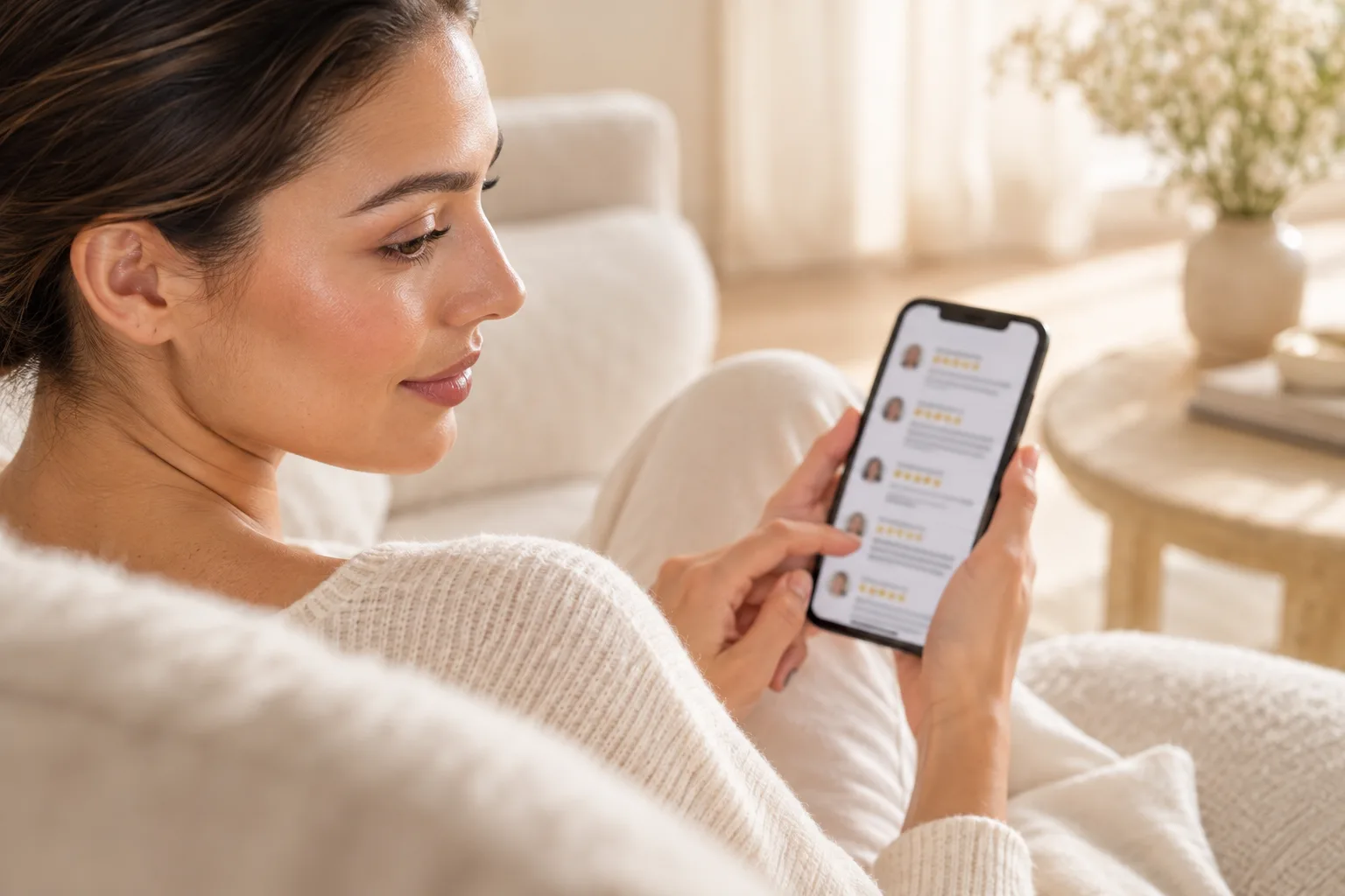 Frau liest auf dem Smartphone Bewertungen einer Klinik
