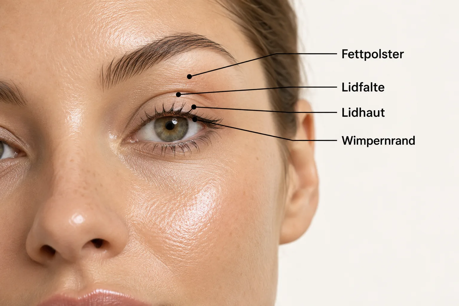 Auge mit beschrifteter Lidfalte, Lidhaut, Fettpolster und Wimpernrand