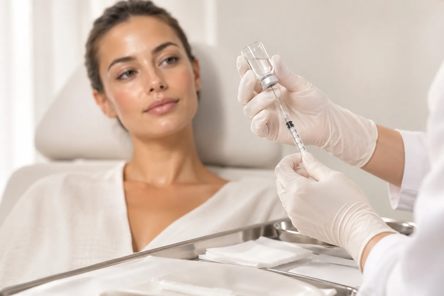 Ärztin bereitet eine Hyaluron-Spritze vor, Patientin im Hintergrund