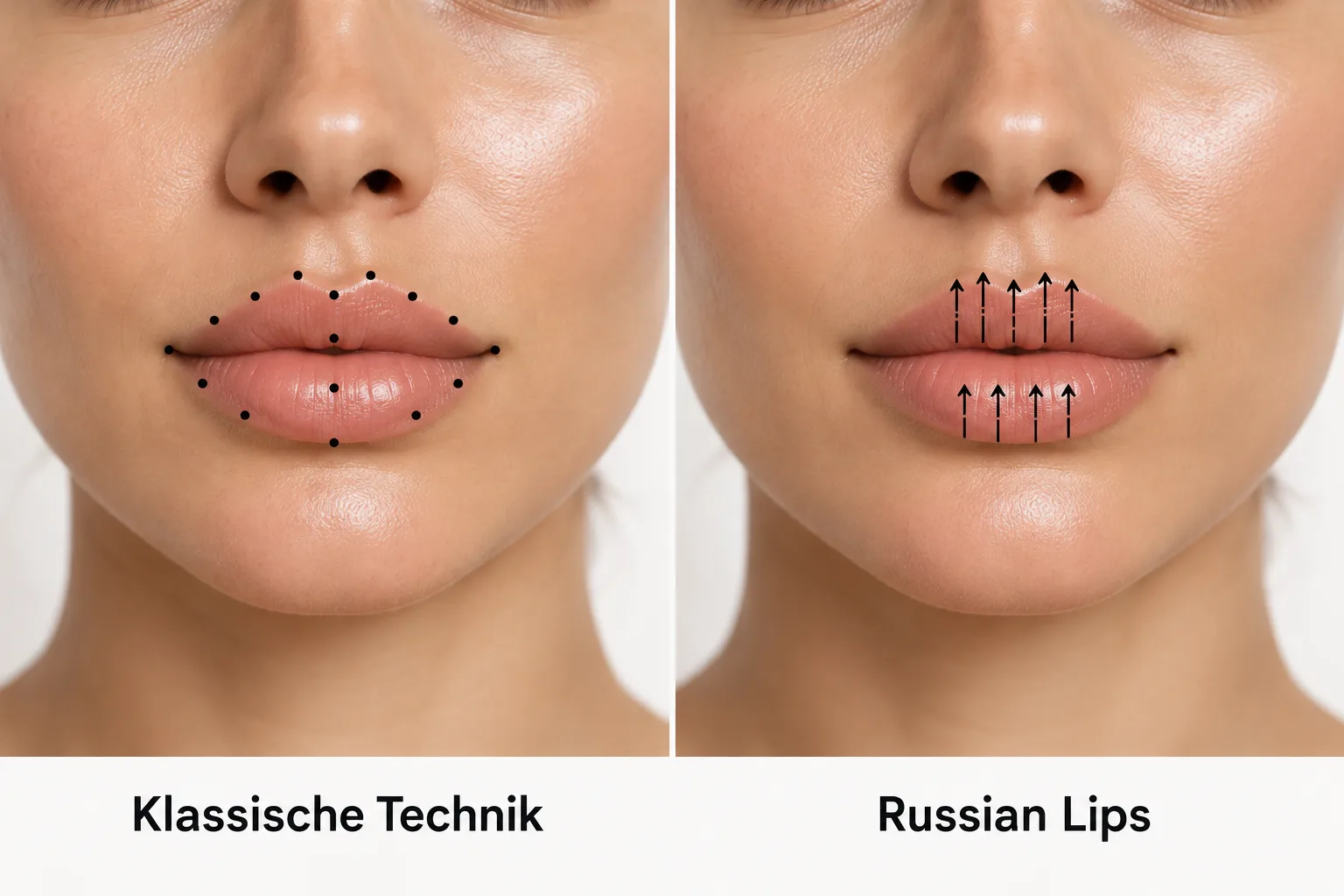 Injektionspunkte bei der klassischen Lippenunterspritzung und bei der Russian-Lips-Technik im Vergleich