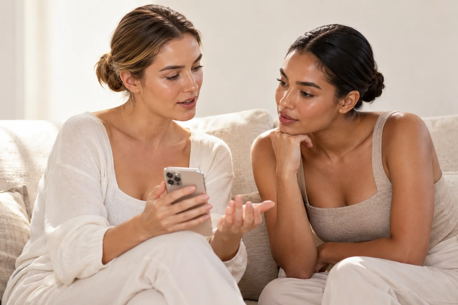 Zwei Freundinnen sprechen auf dem Sofa über Erfahrungen