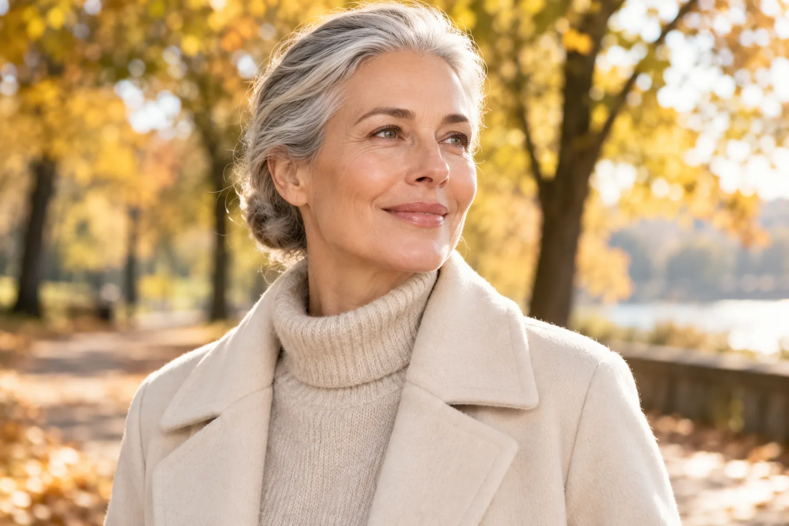 Elegante Frau um 58 beim Spaziergang im Park