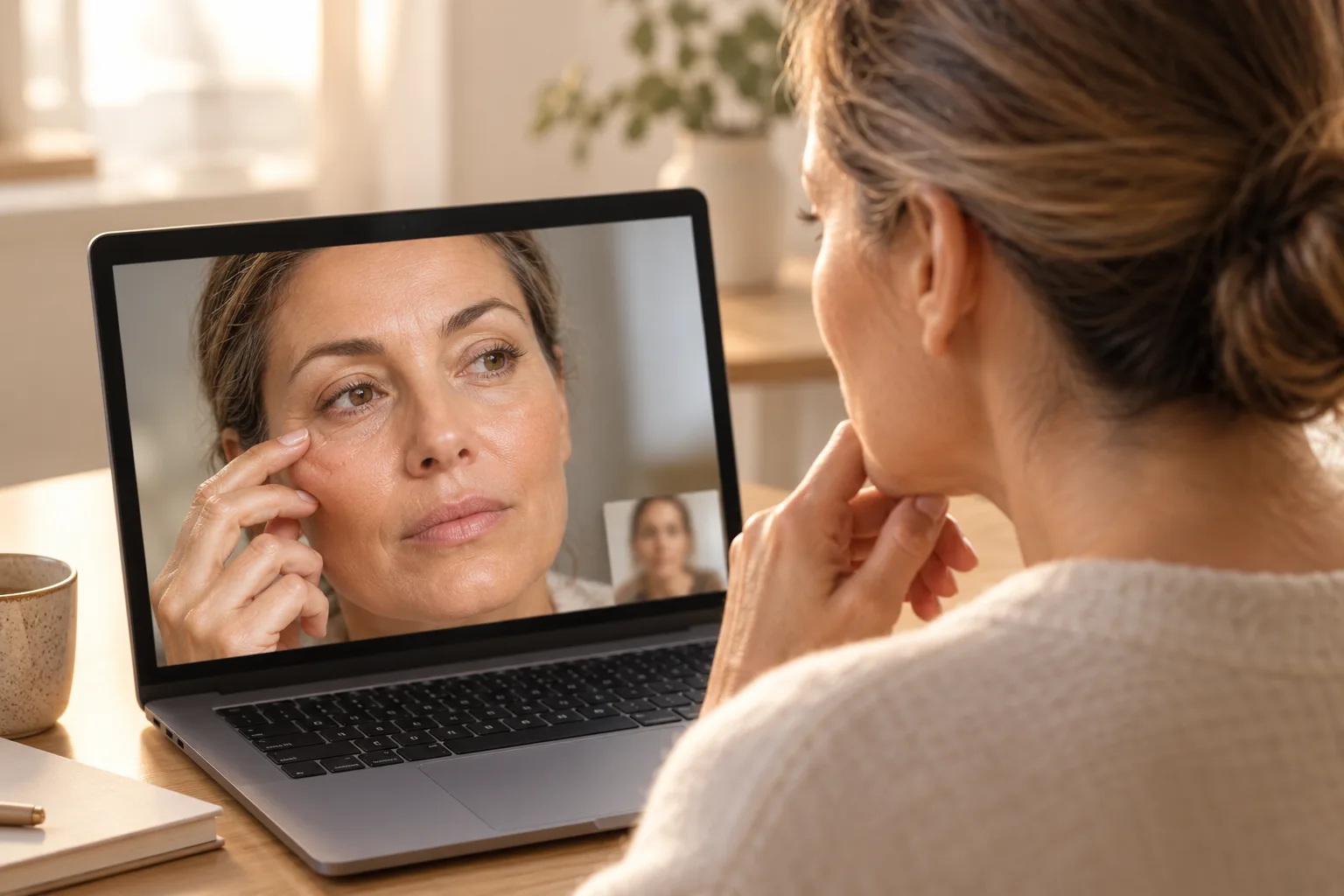 Frau betrachtet im Videocall ihr eigenes Bild