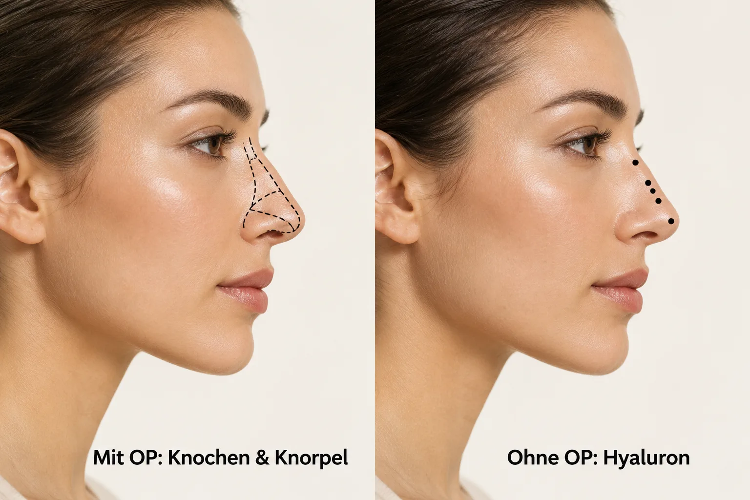 Vergleich: operative Nasenkorrektur an Knochen und Knorpel und Nasenkorrektur ohne OP mit Hyaluron