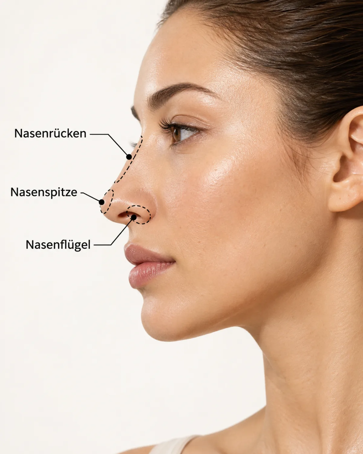 Nasenprofil mit markierten Bereichen Nasenrücken, Nasenspitze und Nasenflügel