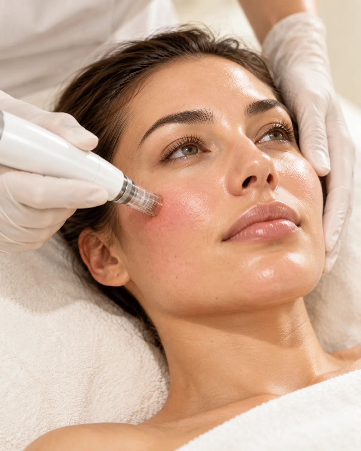 Microneedling-Gerät gleitet über die Wange