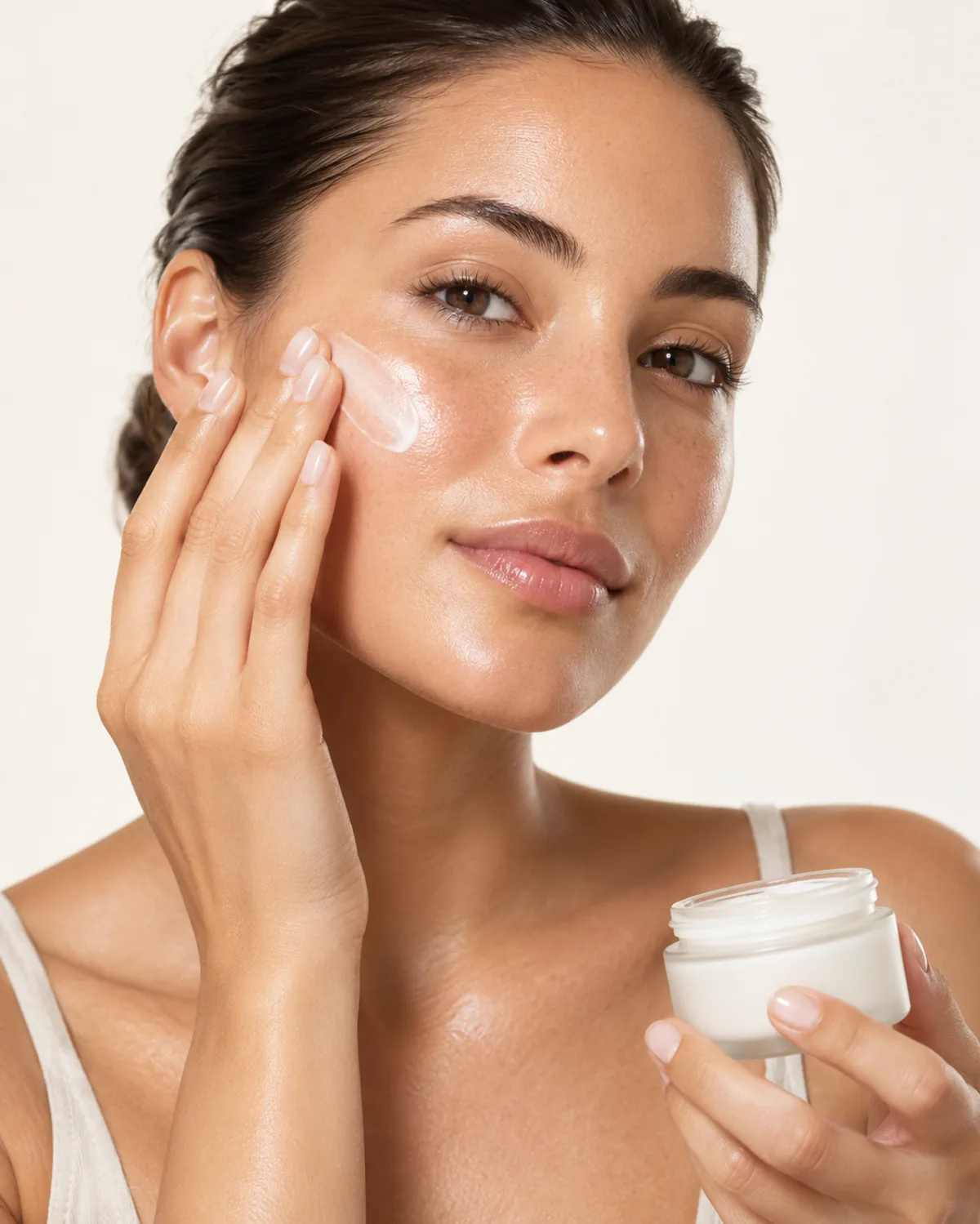 Frau trägt sanft Creme auf die Wange auf
