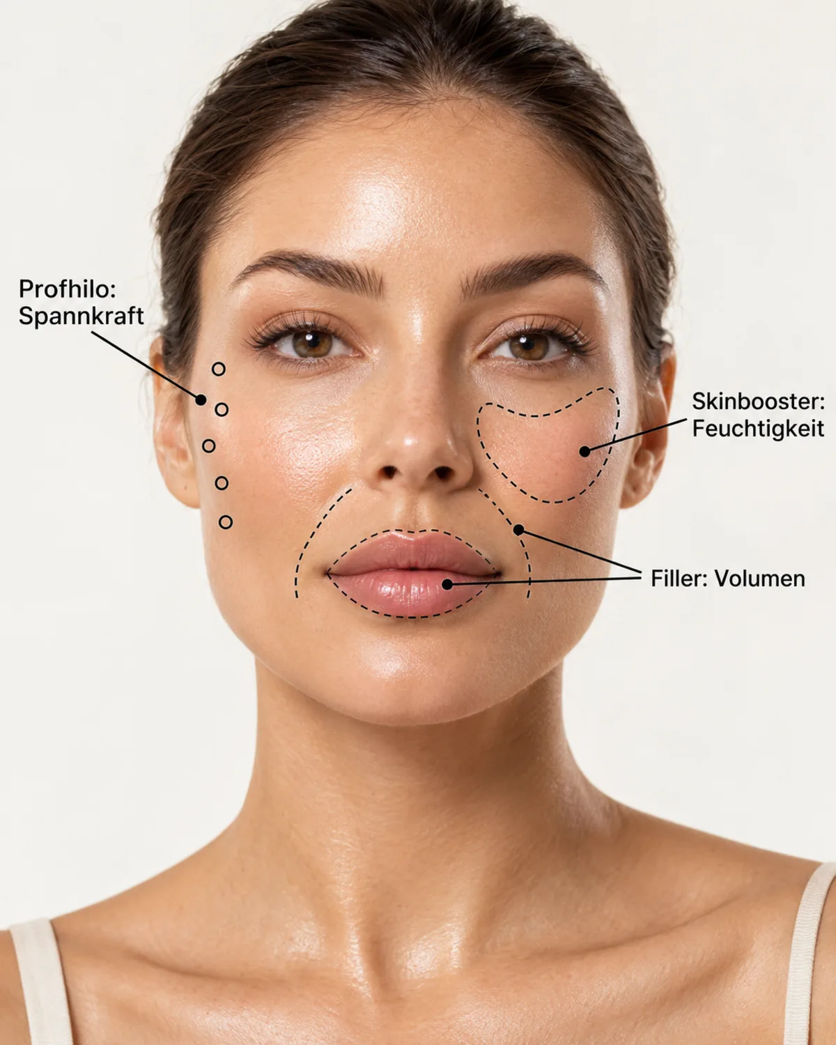 Gesicht mit markierten Bereichen für Profhilo, Skinbooster und Filler