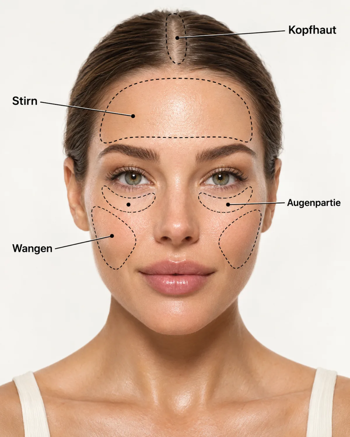 Gesicht mit markierten Anwendungsbereichen für PRP und Microneedling: Stirn, Wangen, Augenpartie und Kopfhaut