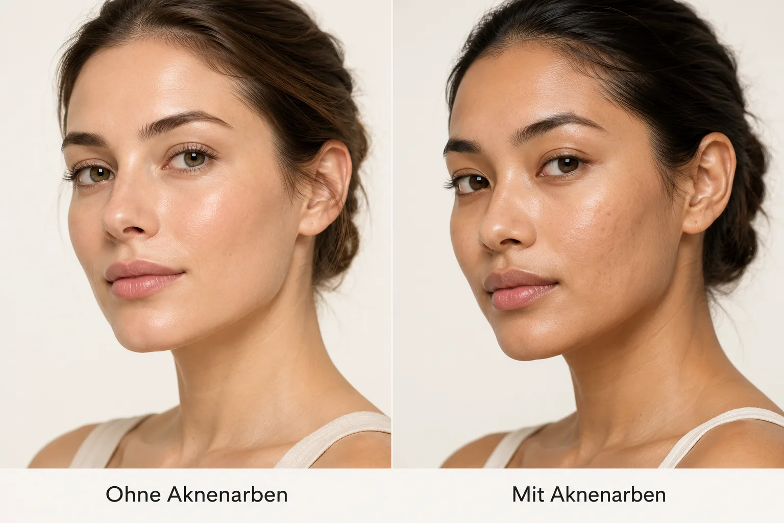 Zwei verschiedene Personen nebeneinander – links ohne, rechts mit Aknenarben