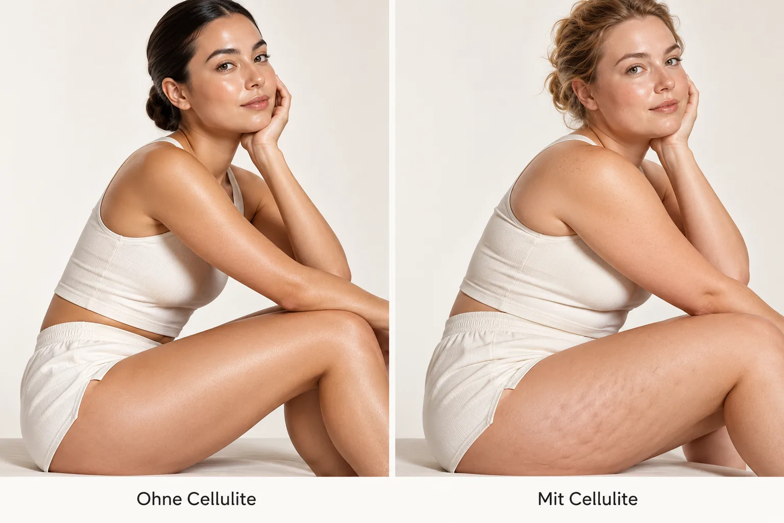 Zwei verschiedene Personen nebeneinander – links ohne, rechts mit Cellulite