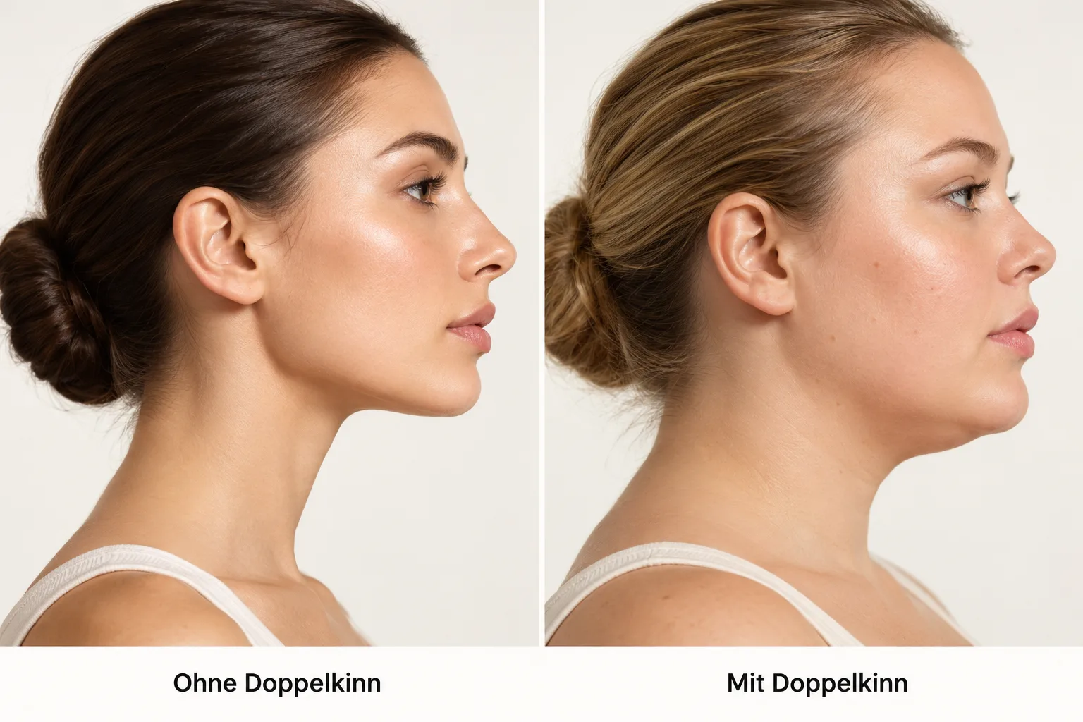 Zwei verschiedene Personen nebeneinander – links ohne, rechts mit Doppelkinn