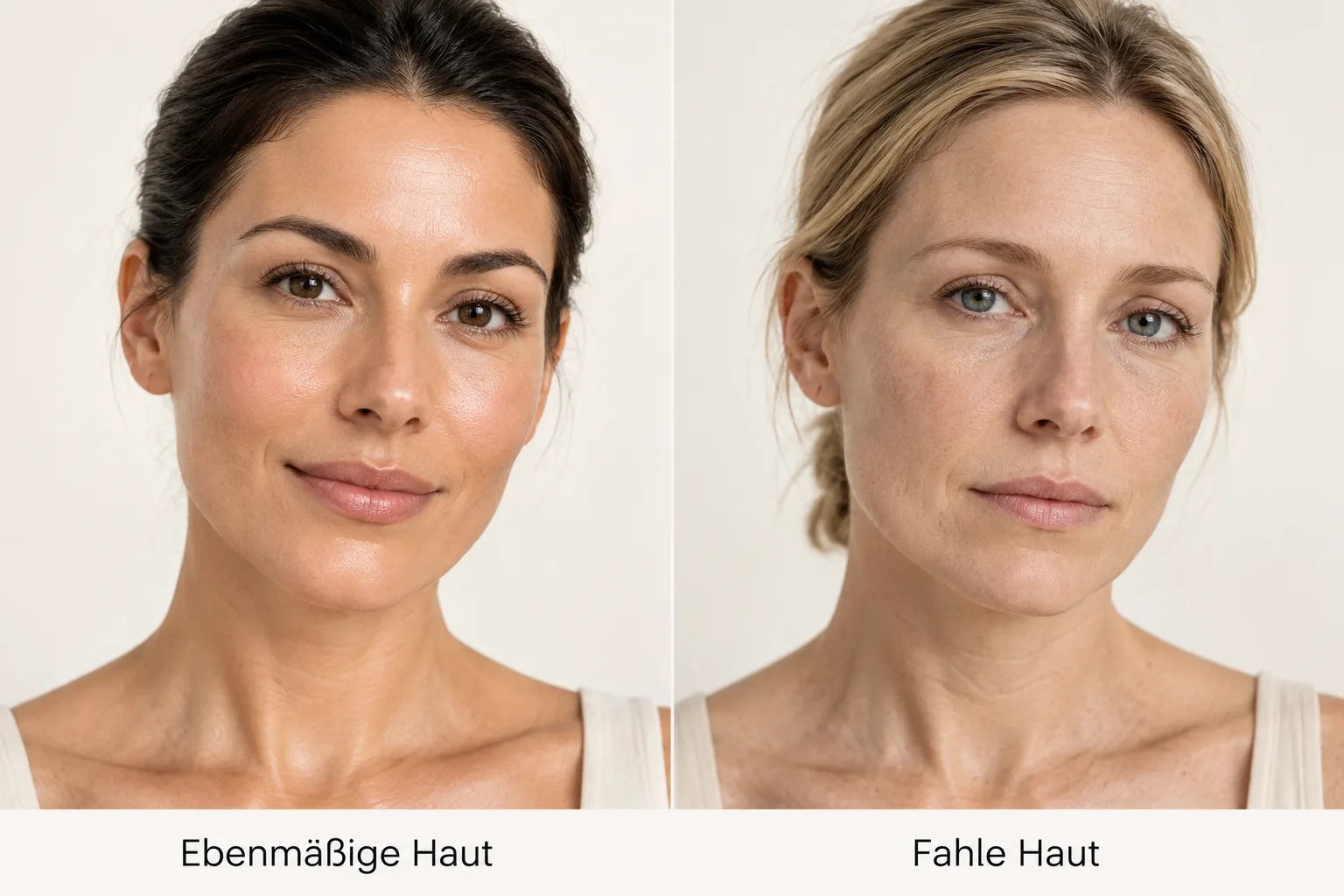 Zwei verschiedene Personen nebeneinander – links mit ebenmäßiger, rechts mit fahler Haut