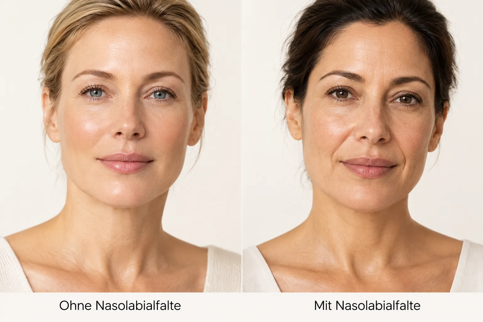 Zwei verschiedene Personen nebeneinander – links ohne, rechts mit Nasolabialfalte