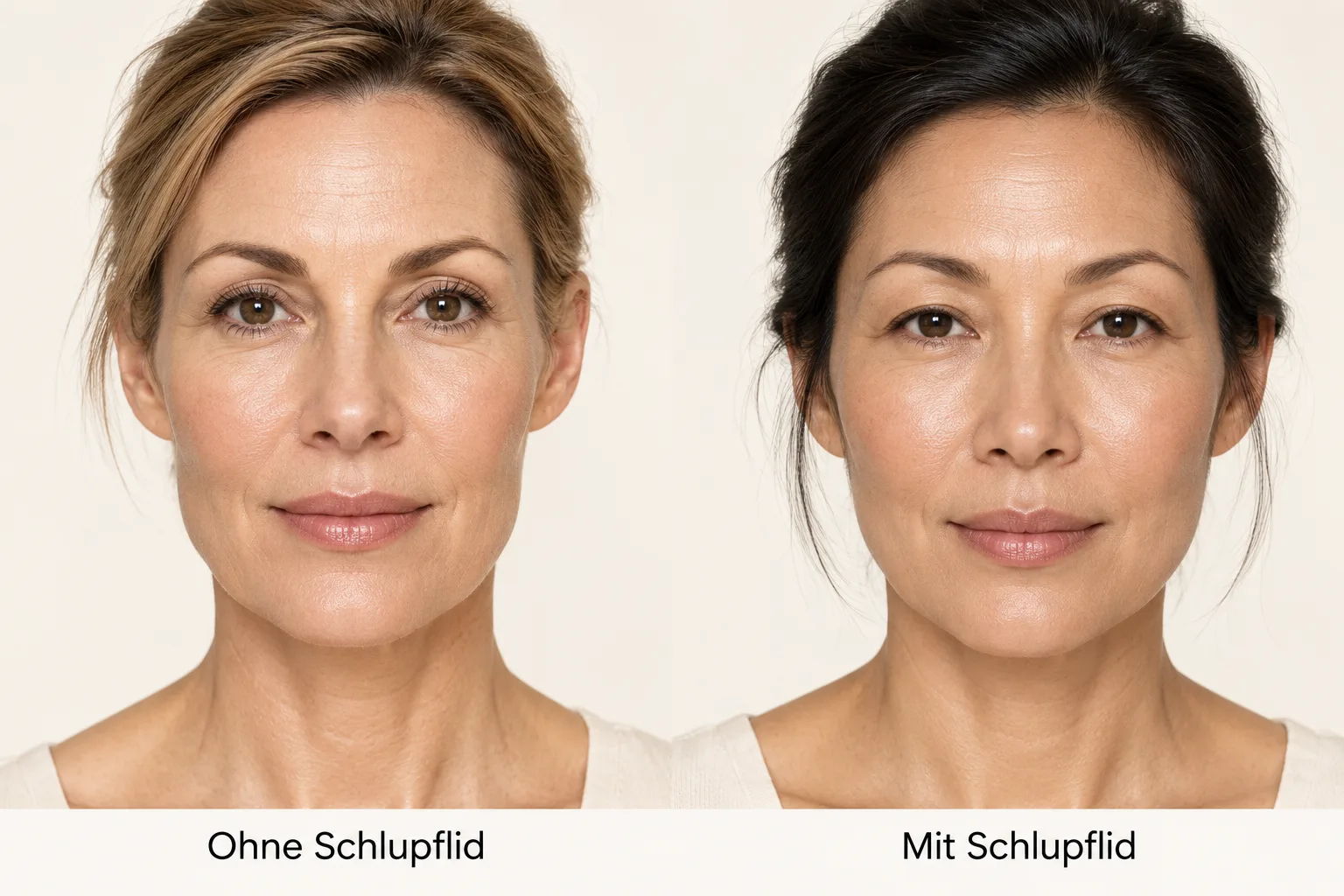 Zwei verschiedene Frauen nebeneinander – links ohne, rechts mit Schlupflid