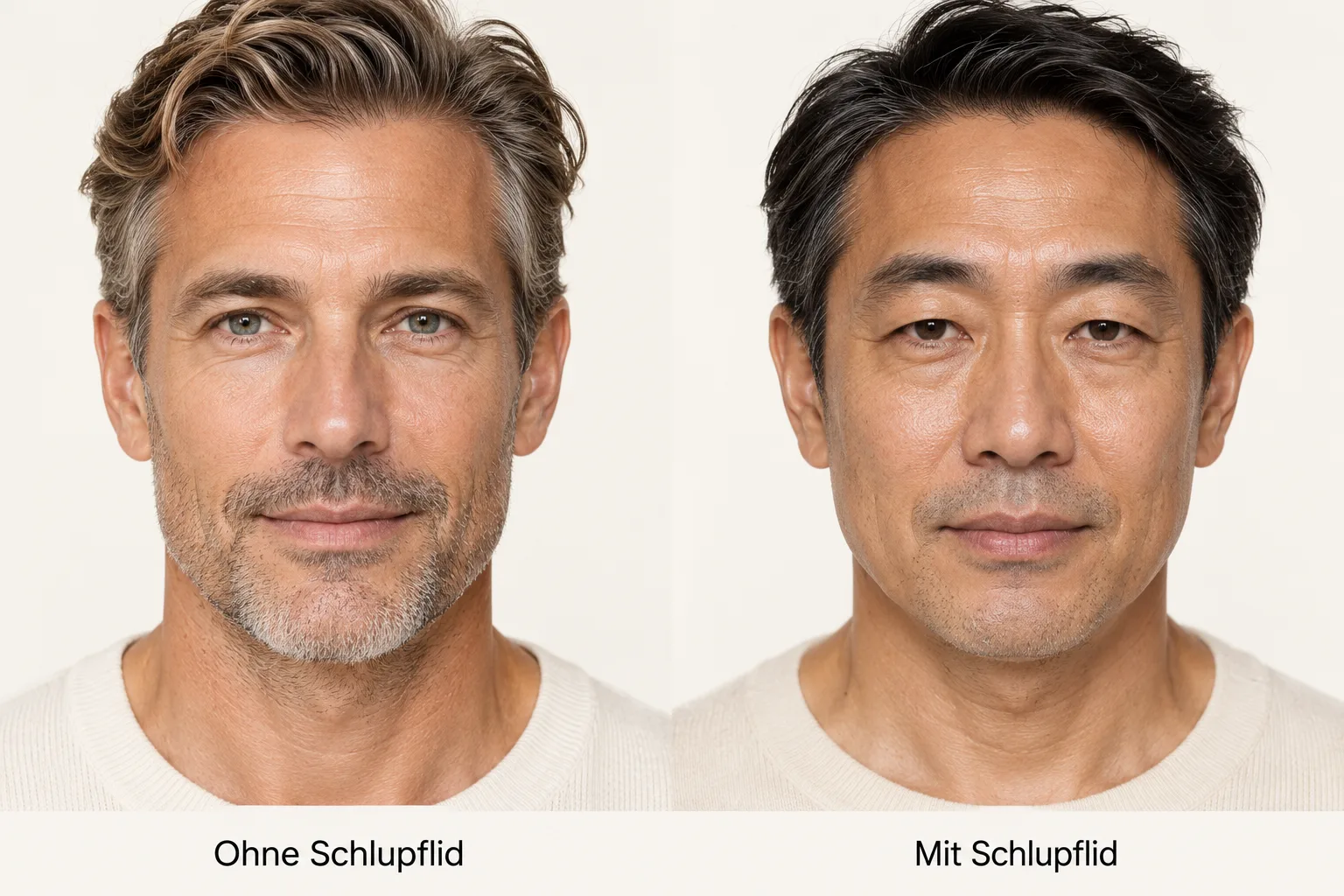 Zwei verschiedene Männer nebeneinander – links ohne, rechts mit Schlupflidern