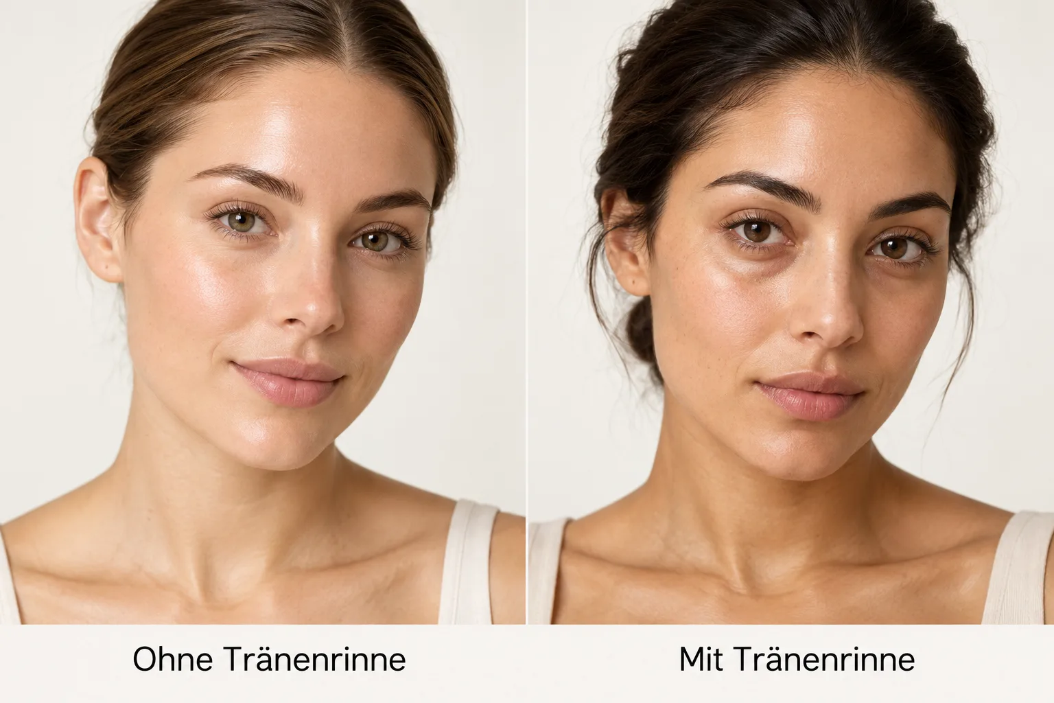 Zwei verschiedene Personen nebeneinander – links ohne, rechts mit Tränenrinne