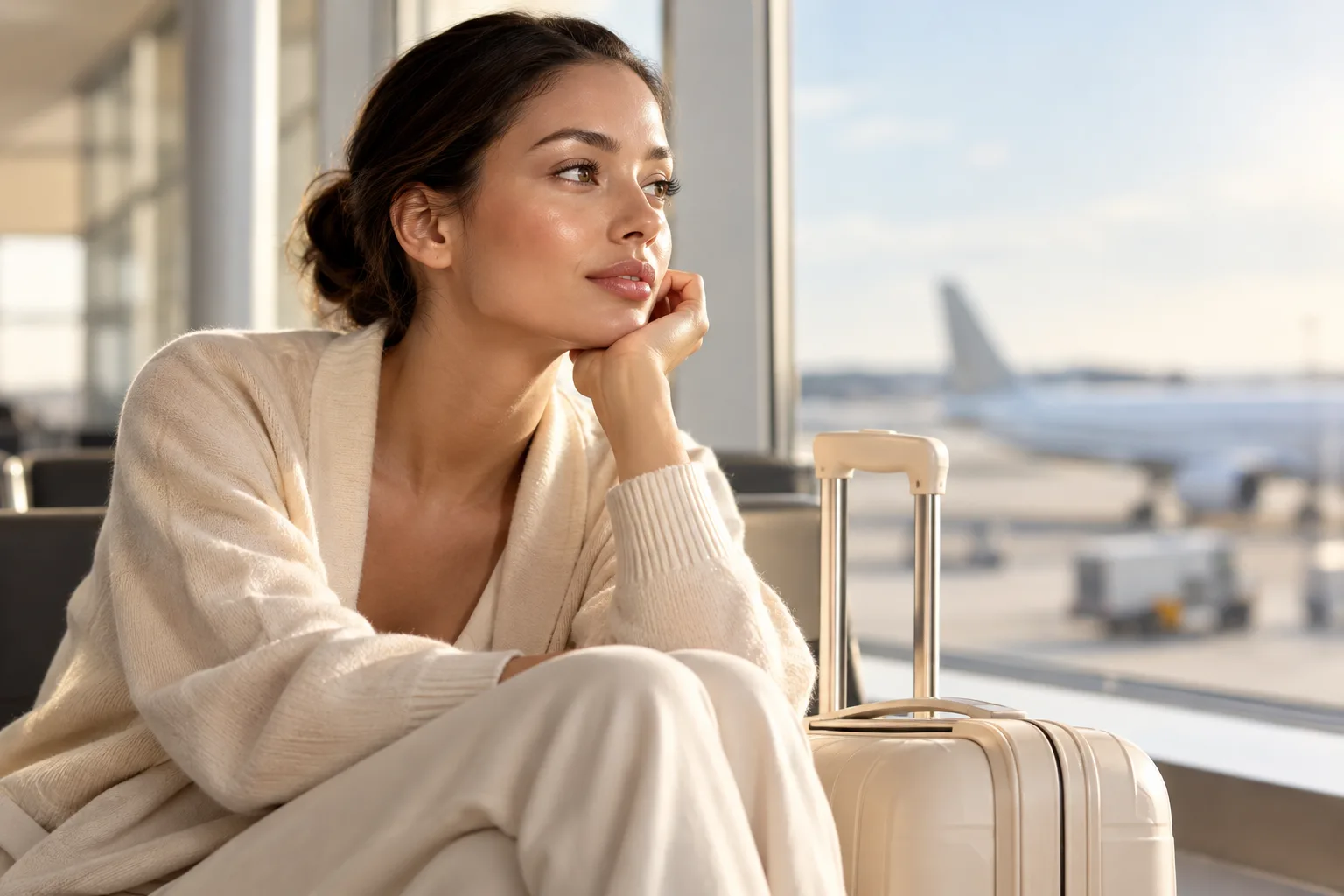 Frau mit Koffer am Flughafenfenster – Symbolbild zur Schönheits-OP im Ausland