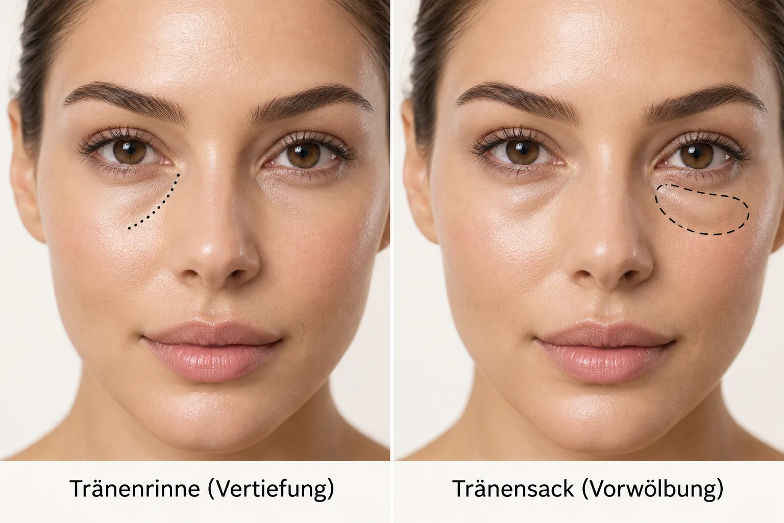 Unterschied zwischen Tränenrinne als Vertiefung und Tränensack als Vorwölbung unter dem Auge